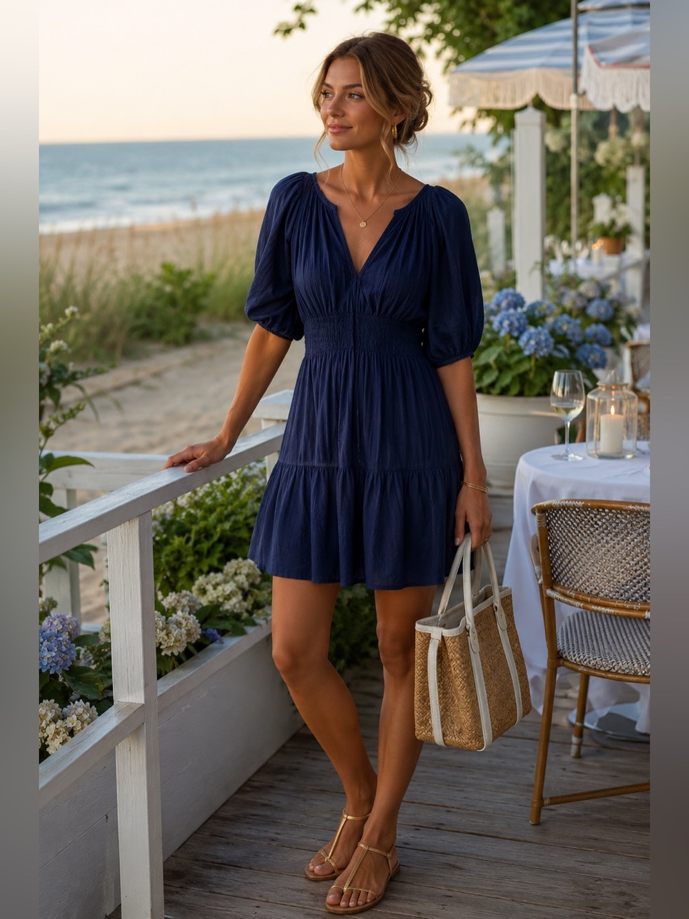 Navy V-Neck Short Sleeve Tiered Mini Dress